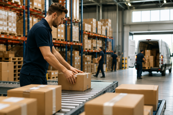 Drukke magazijnmedewerker bij transportband